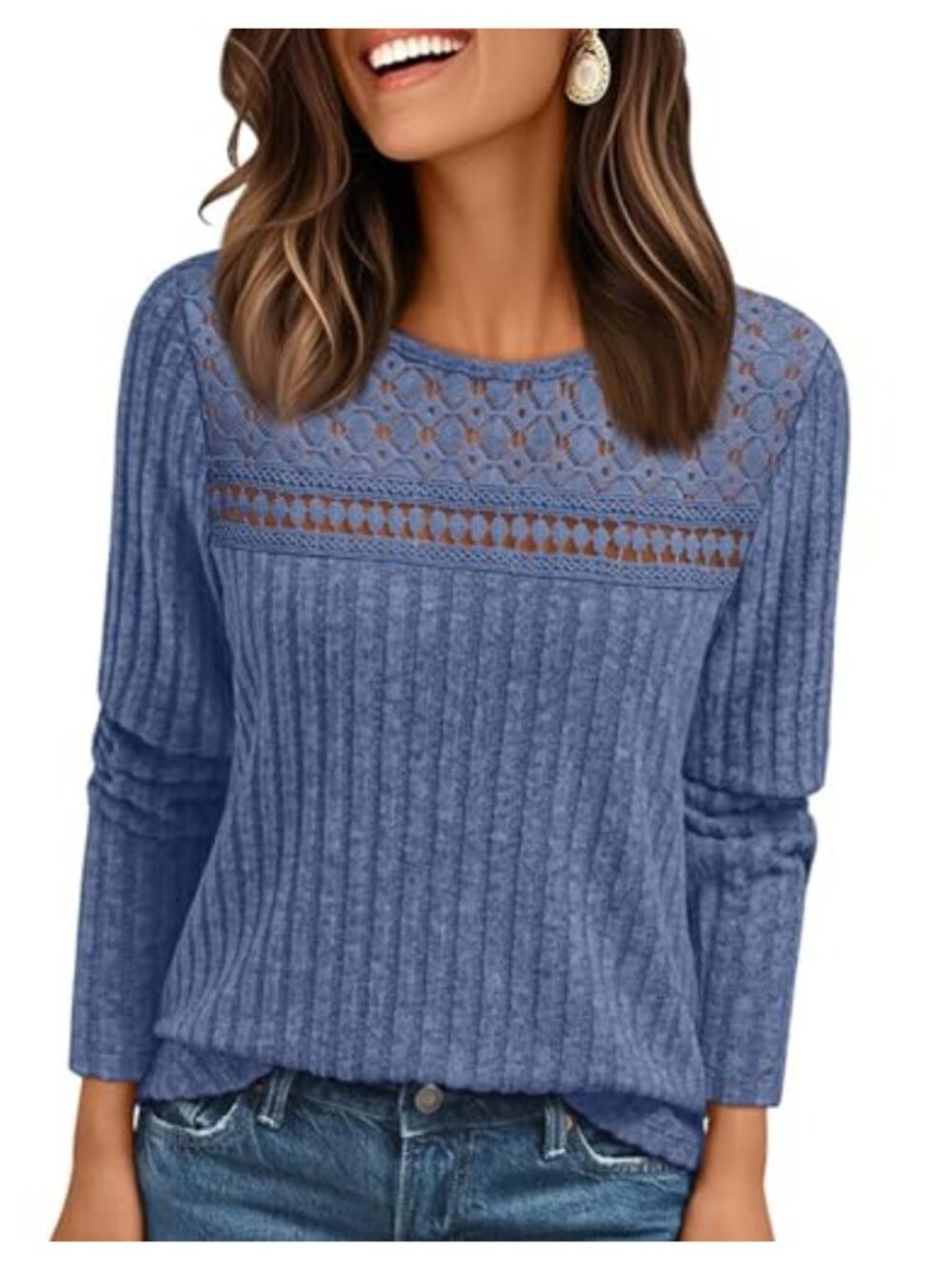 Womens Long Sleeve Lace Tunic Top Crewneck Dressy Casual Fall Winter Shirt